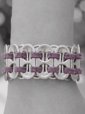 Soda Pop Tab~ Ring Pull Pop Top Ring Upcycled Purple Leather Woven Sci-fi Bangle